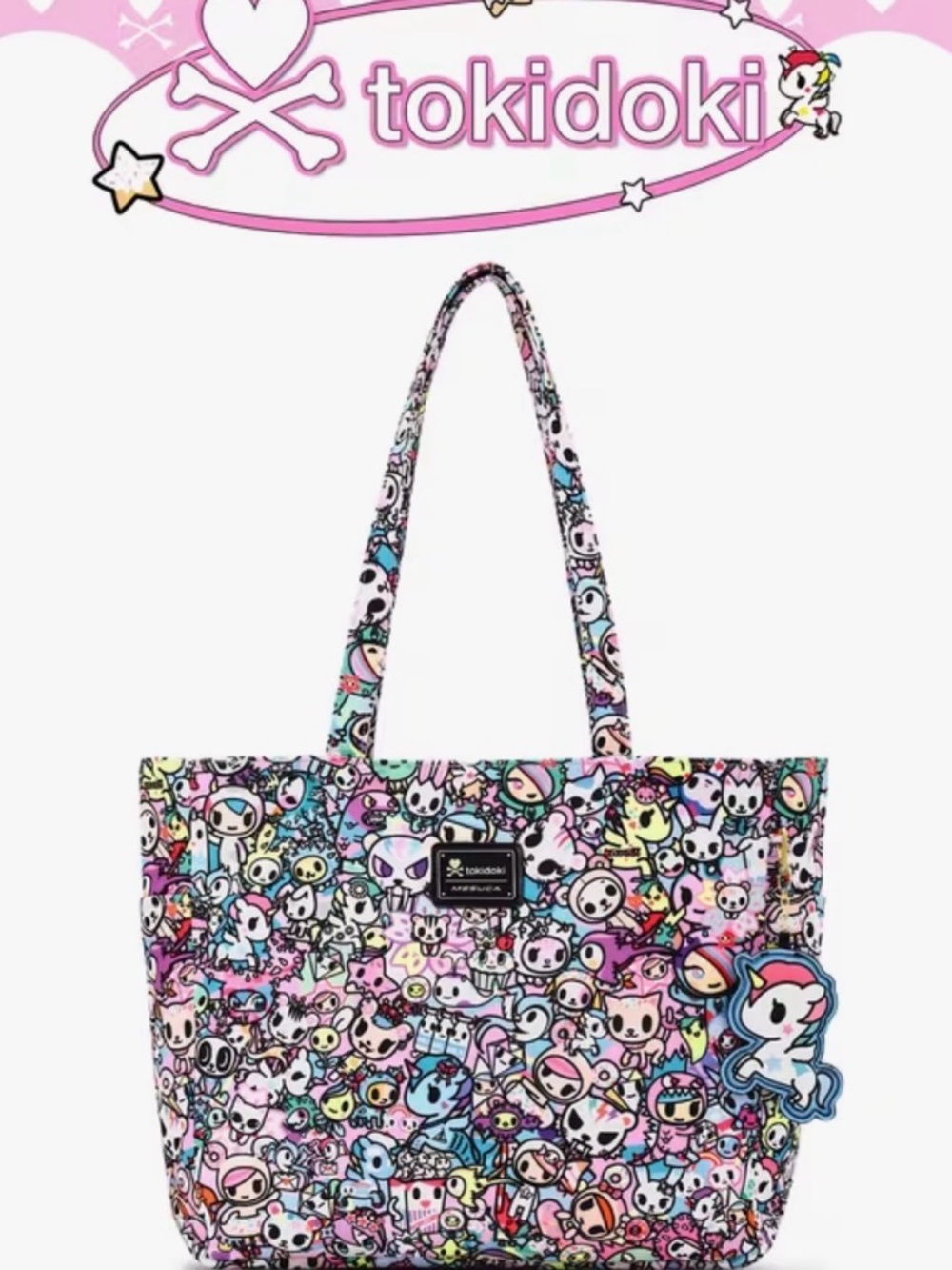 tokidoki Multicolor Unicorn Tote Bag With Matching Puff Keychain